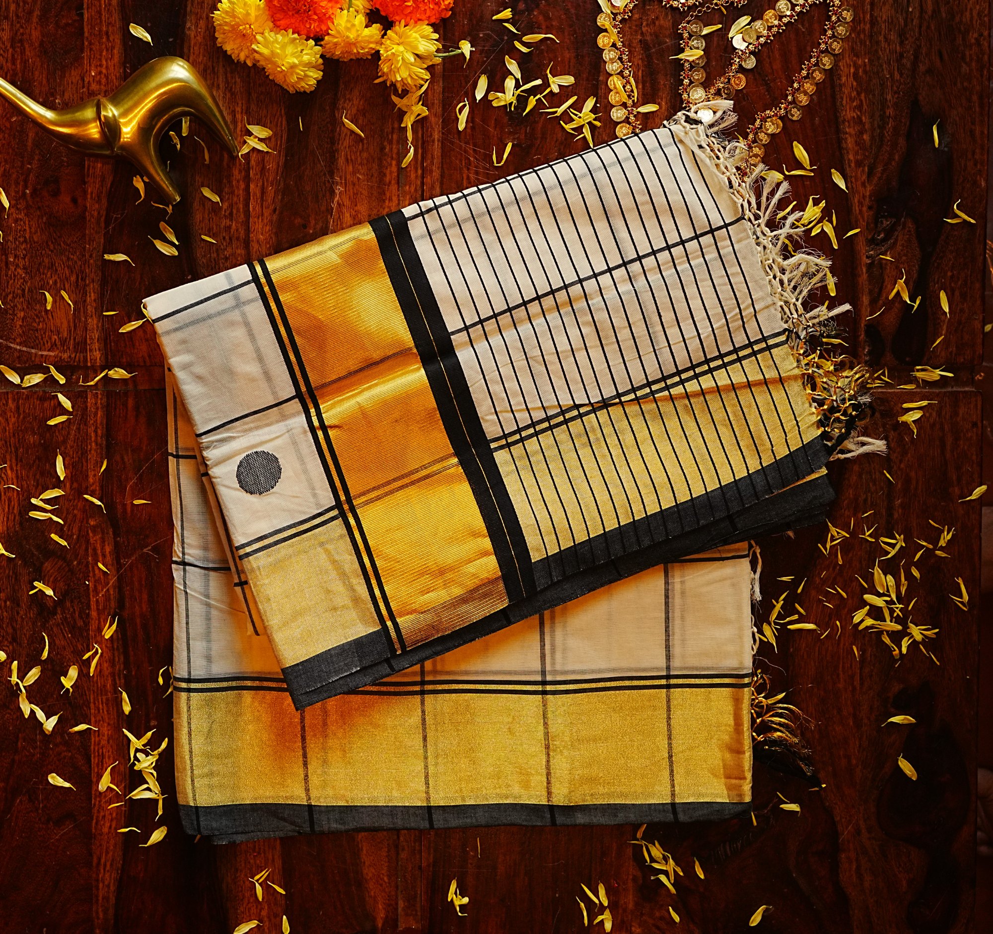 Kerala Kasavu Saree with Black & Gold Polka Dots and Classic Kasavu Border