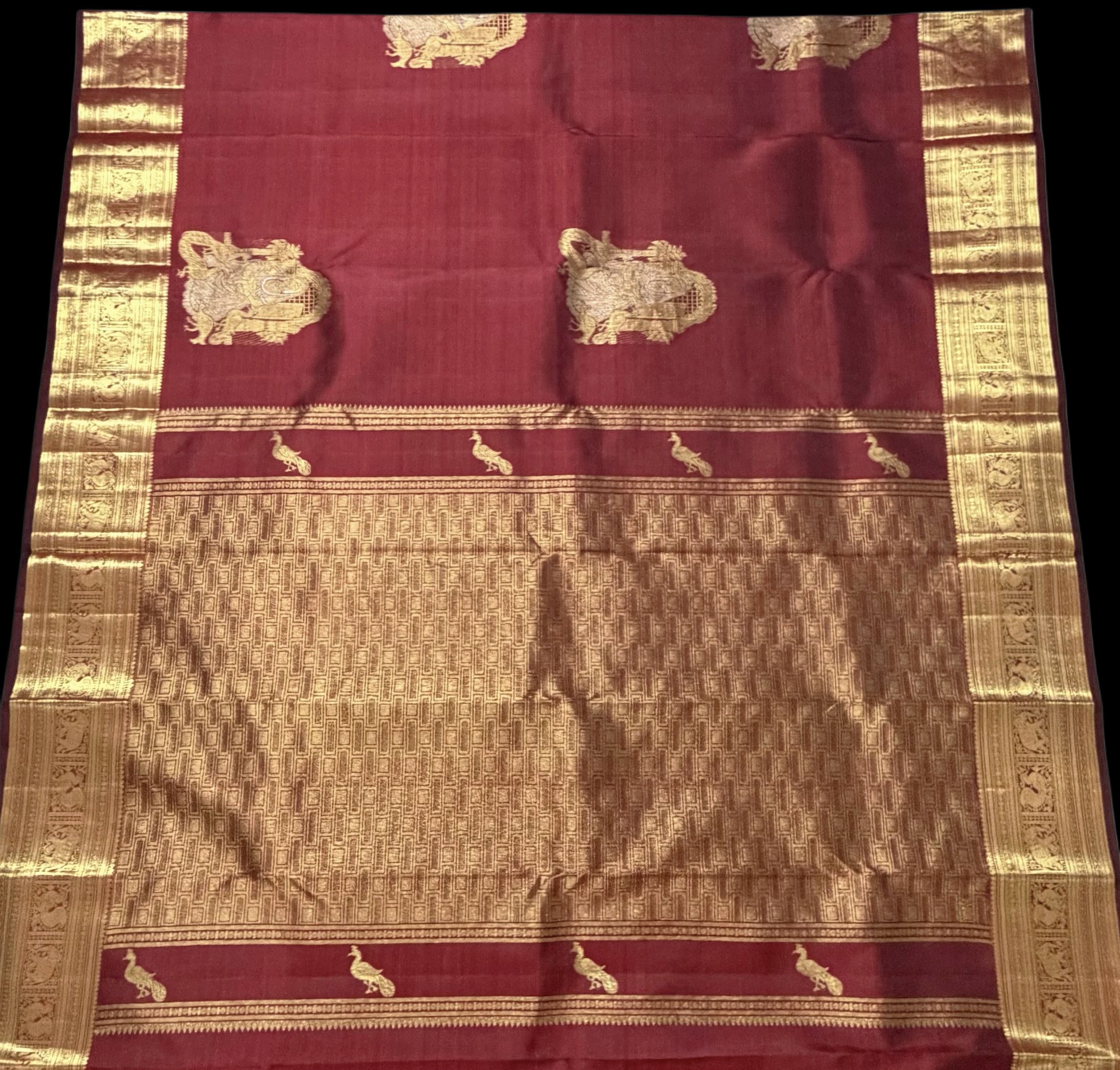 Bridal Maroon Pure Kanchipuram Silk Saree with Elephant Zari Border