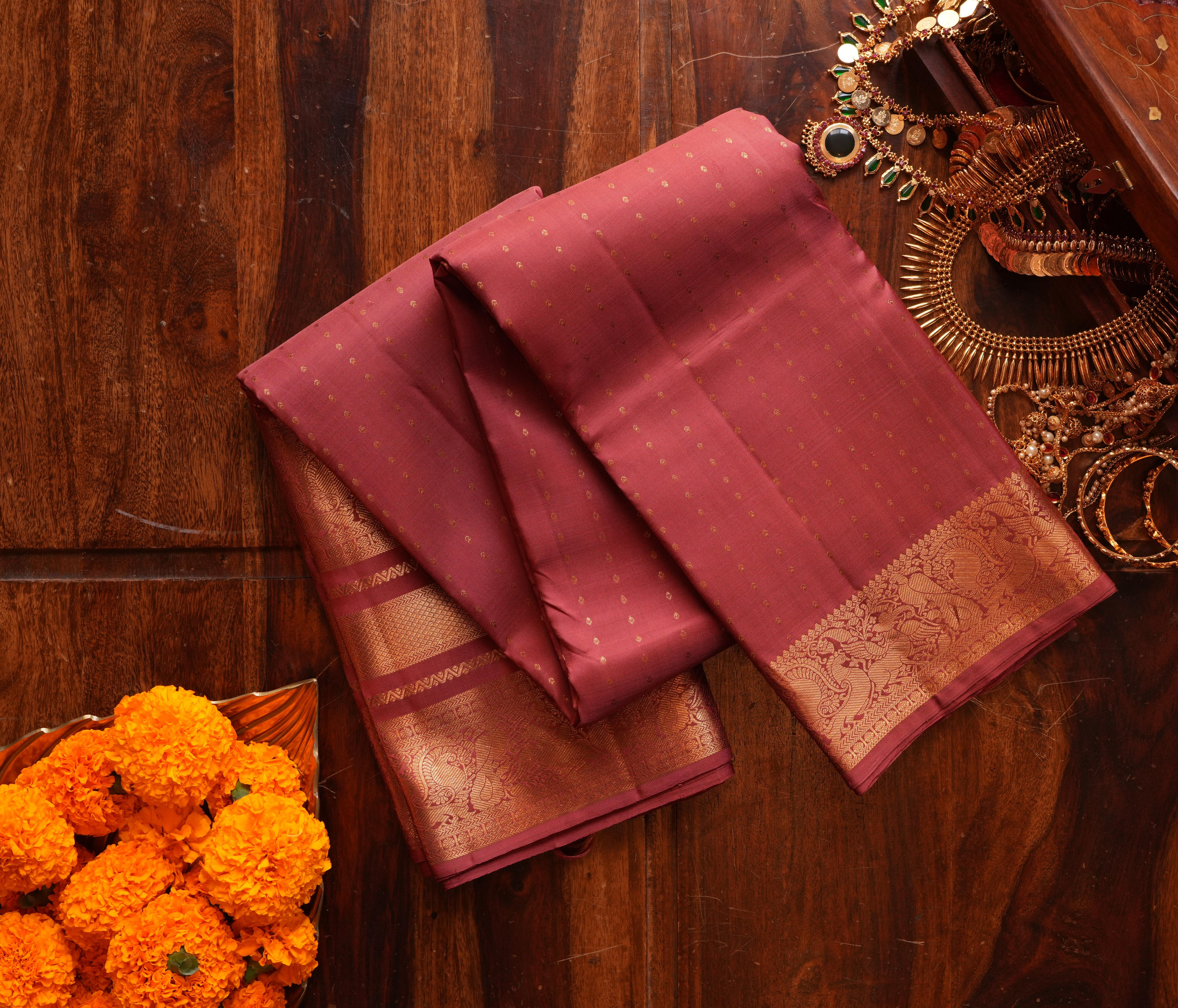 Pure Kanchipuram Silk Saree in Dusty Rose with Traditional Gold Zari Border