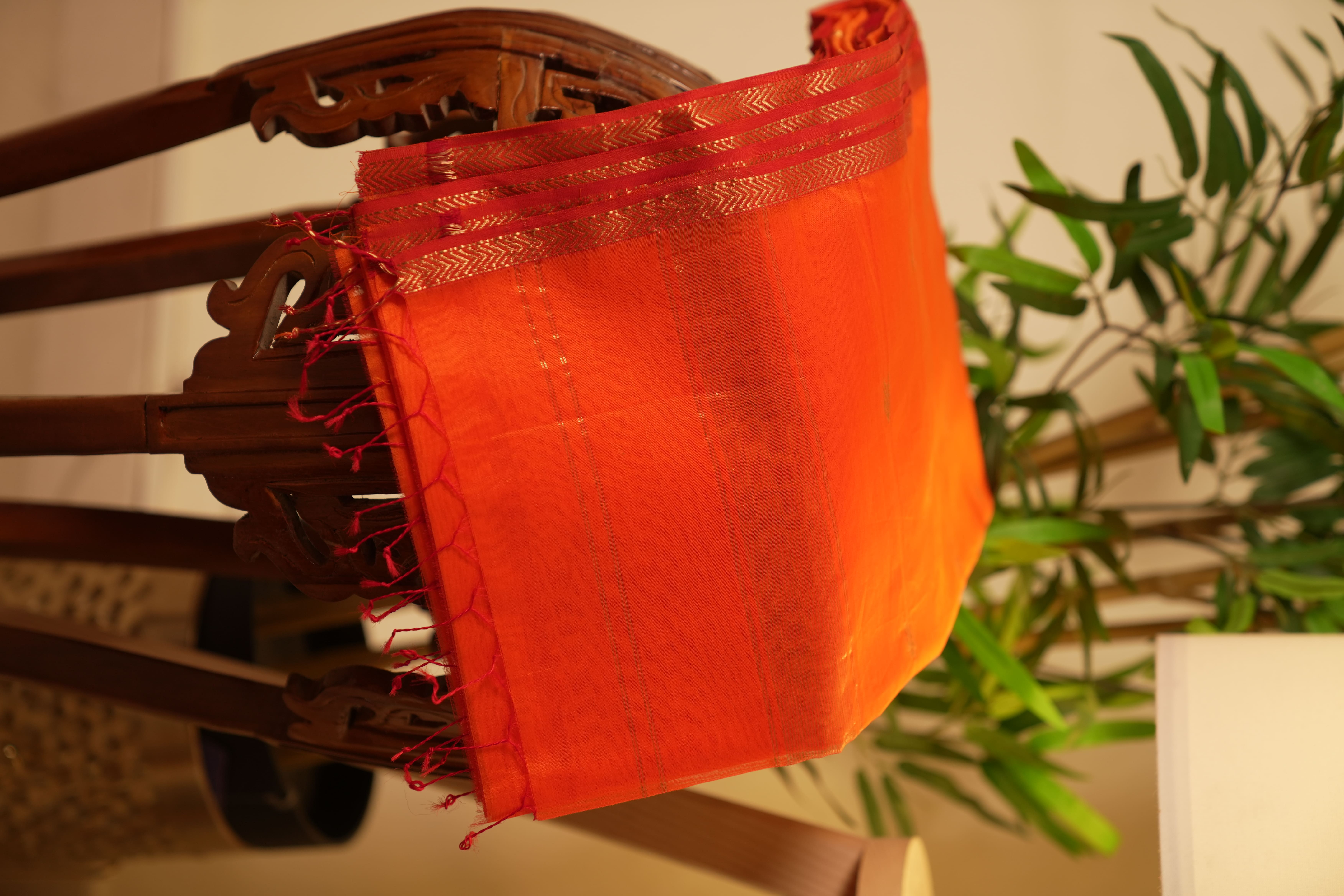 Pure Handloom Maheshwari Silk Cotton Saree – Vibrant Orange with Gold Zari Elegance