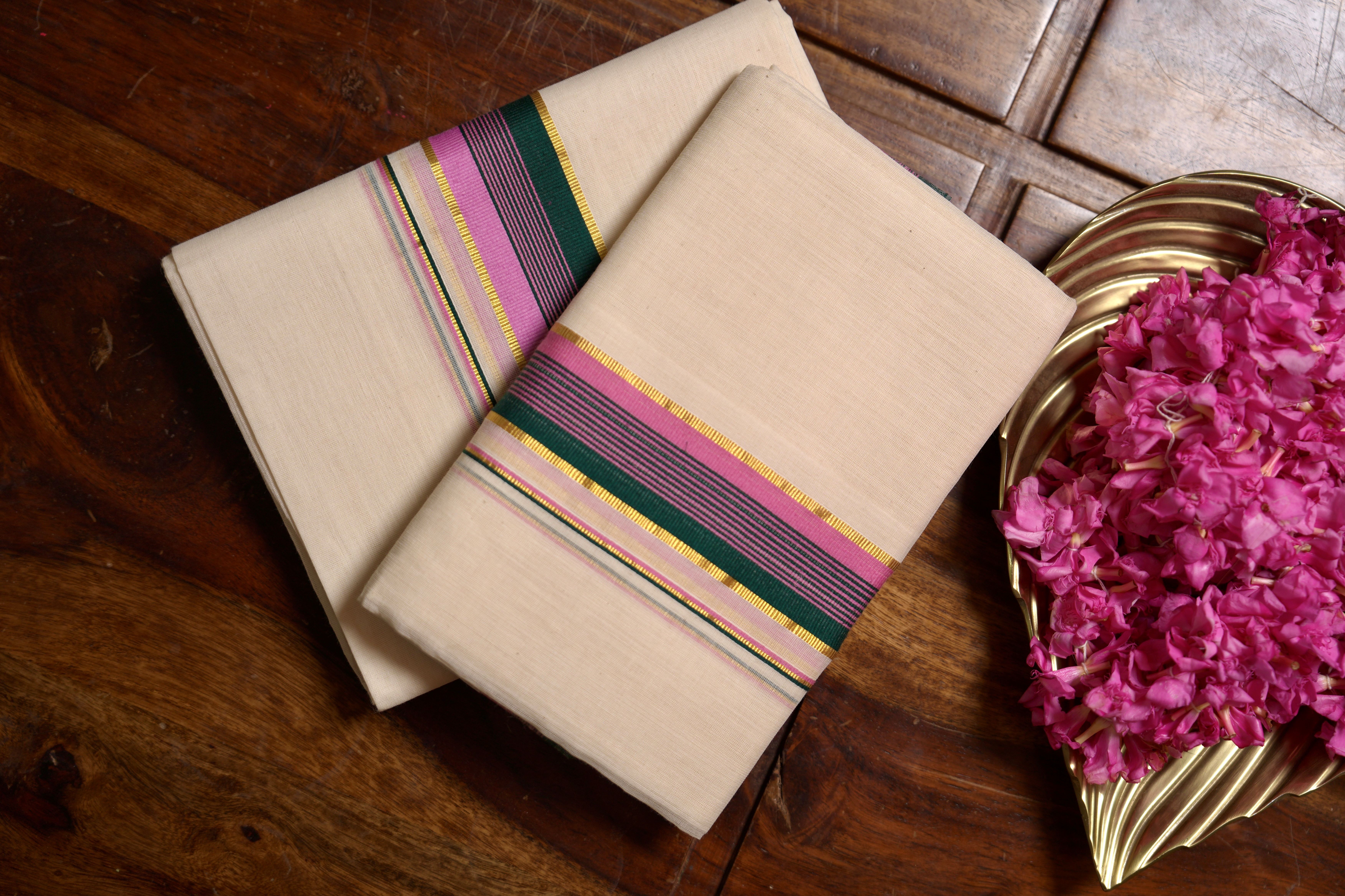 Pure Balarampuram Handloom Set Mundu with Pink, Green & Gold Traditional line
