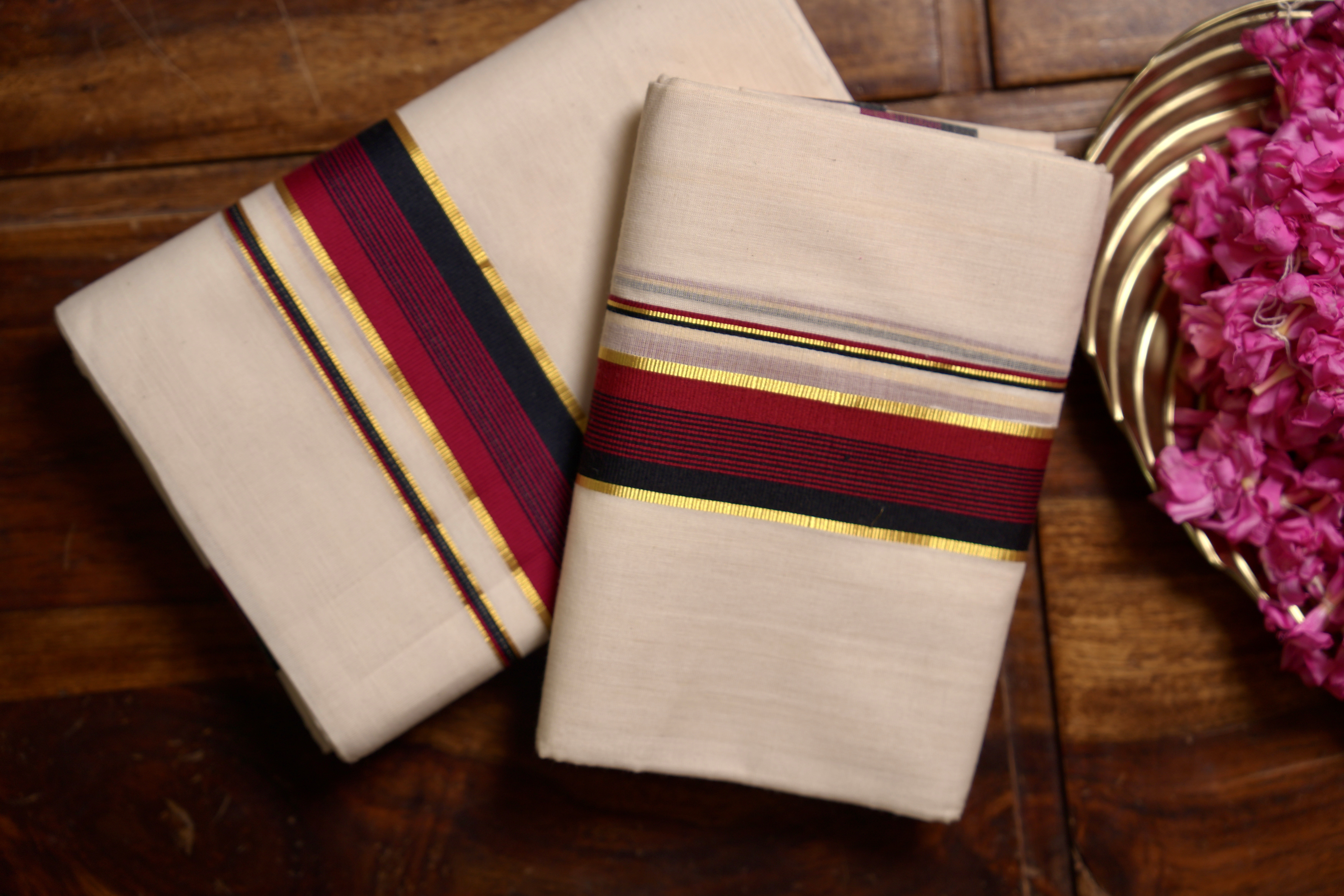 Pure Balarampuram Handloom Set Mundu with Maroon, Black & Gold Traditional line