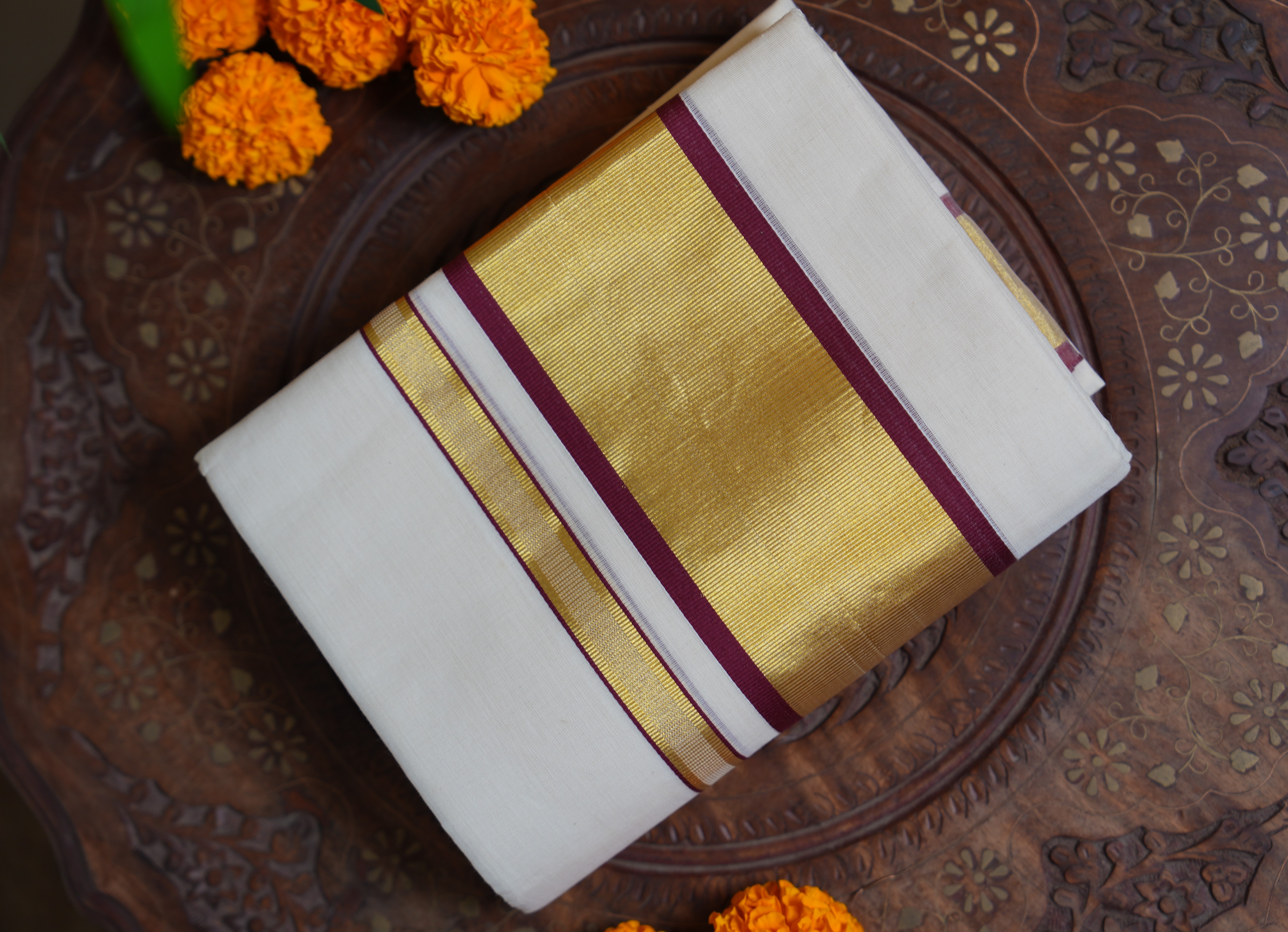 Pure Balaramapuram Handloom Kasavu Set Mundu with Premium Maroon Kasavu Border & Blouse Piece