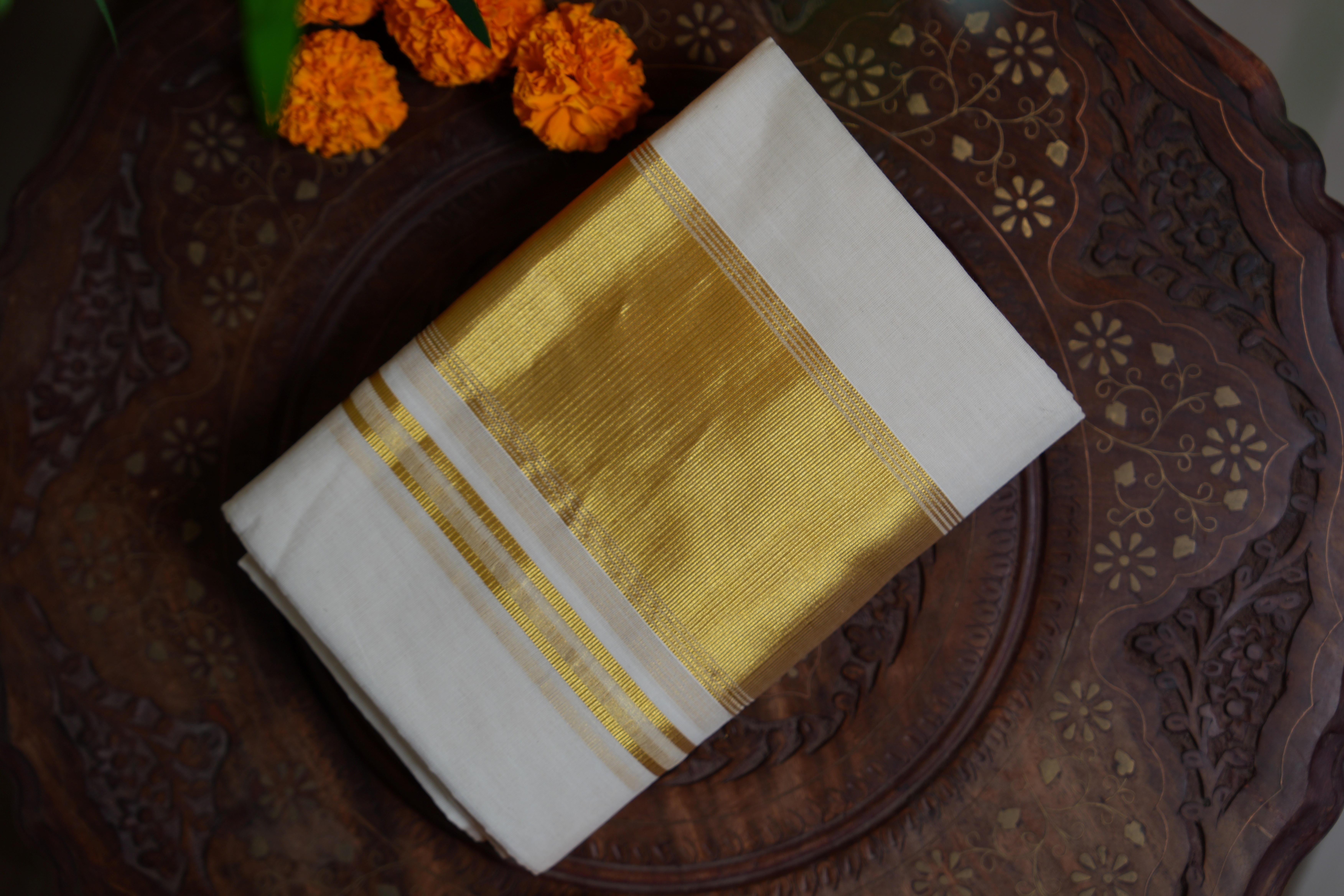 Pure Balaramapuram Handloom Traditional Kasavu Set Mundu with Classic 4-Inch Kasavu Border