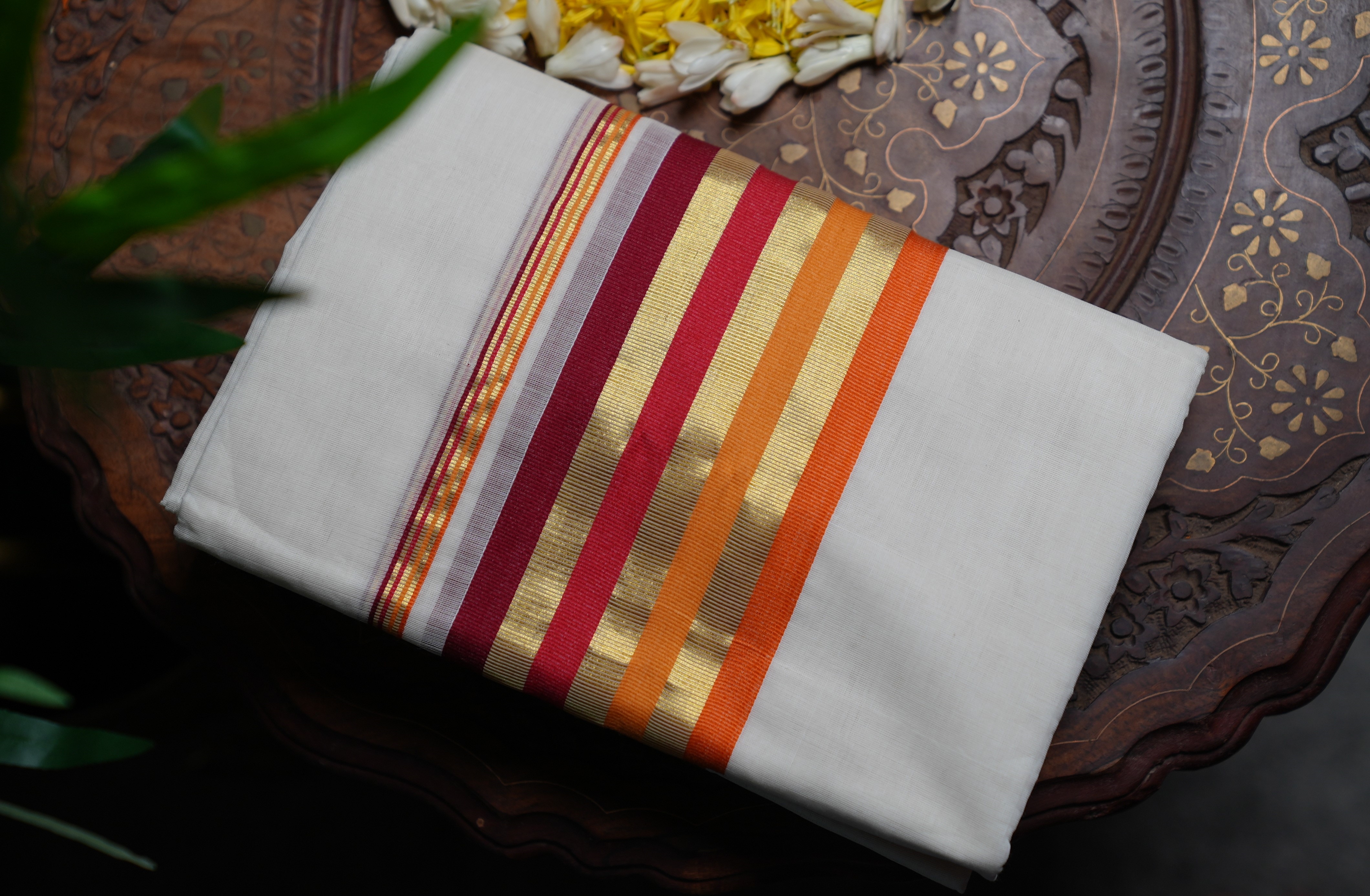 Pure Handloom Balaramapuram Premium Set Mundu – Multicolour Kasavu Border